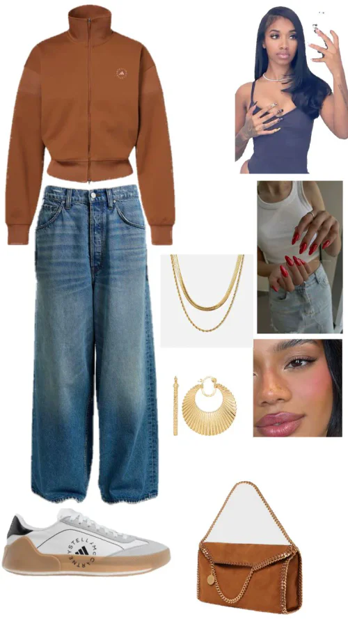 Casual Chic with Brown Jacket, Wide-Leg Jeans, and Gold Accessories