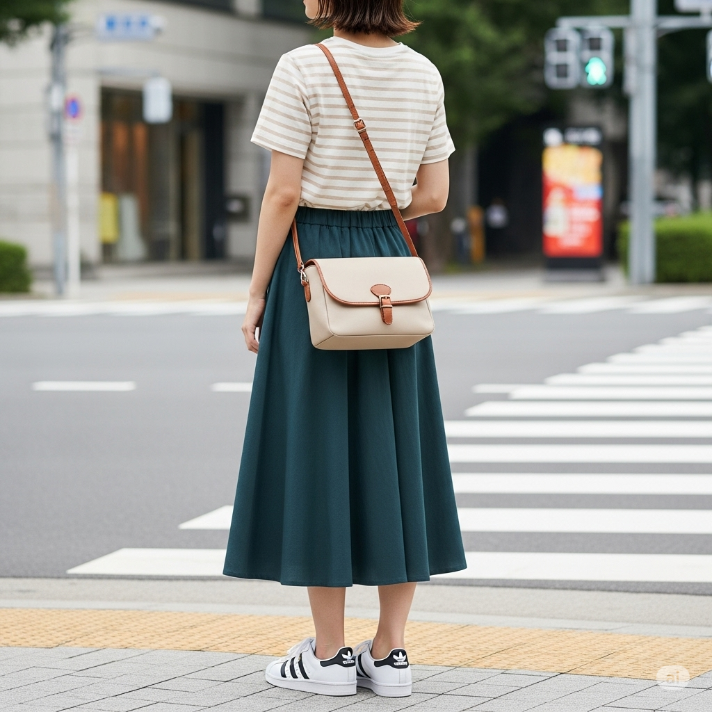 Early summer outfits: Striped t-shirt and midi skirt
