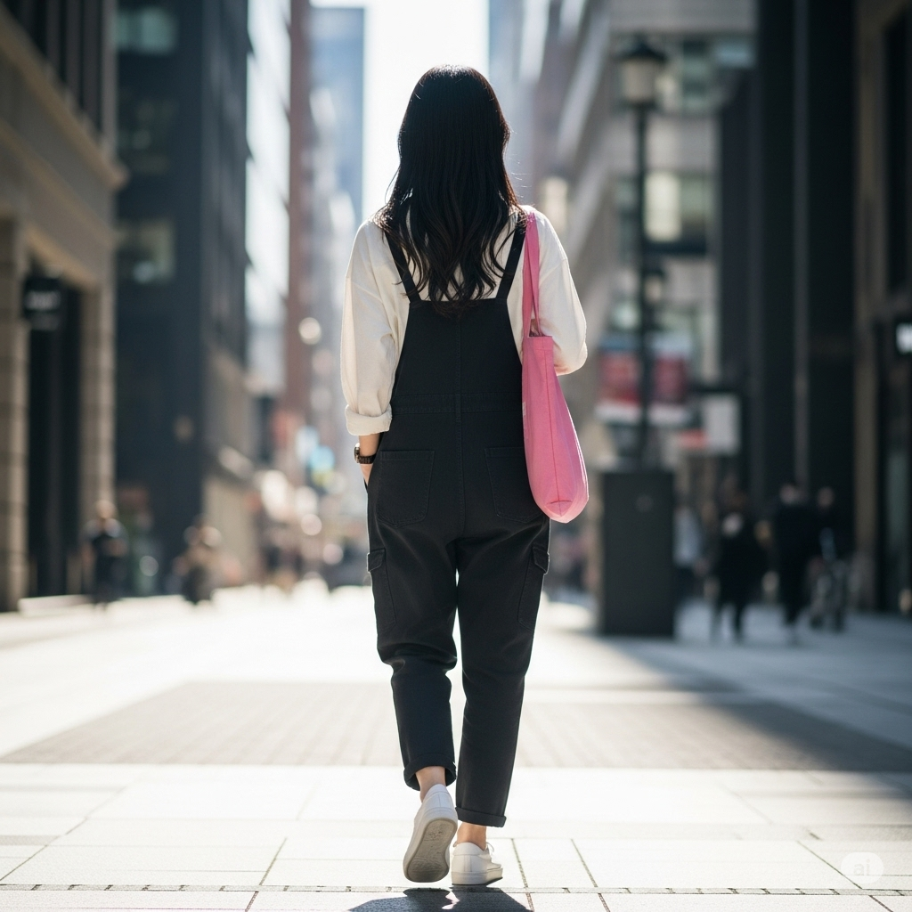 Early summer commuter outfit: overalls perfect for young women.
