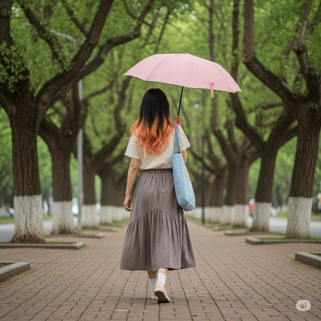 AI-generated summer outfit photo: T-shirt with midi skirt