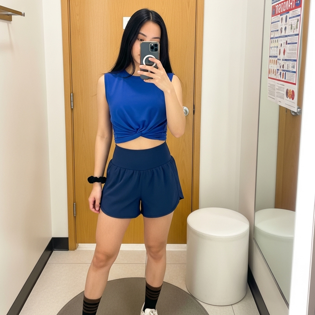 Review of the blue sporty outfit: Crop top & high-waisted shorts combination