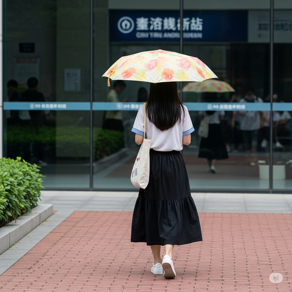 Girl in T-shirt and midi skirt at subway station