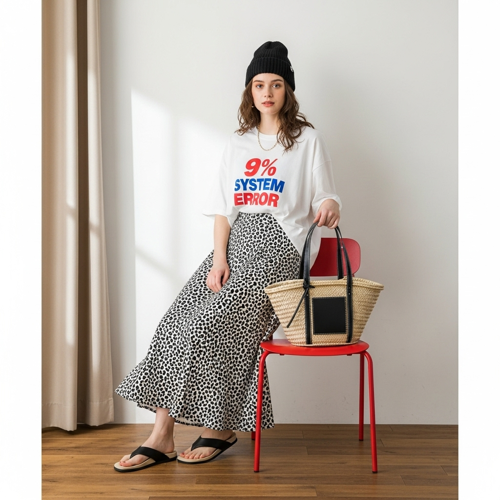 Oversized Graphic T-shirt and Leopard Print Maxi Skirt